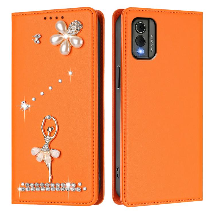 For Nokia C32 Ballet Girl Diamond Studded RFID Vegan Leather Phone Case