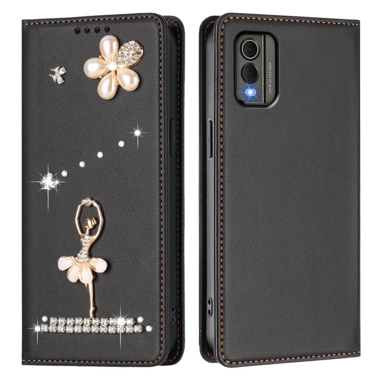 For Nokia C32 Ballet Girl Diamond Studded RFID Vegan Leather Phone Case