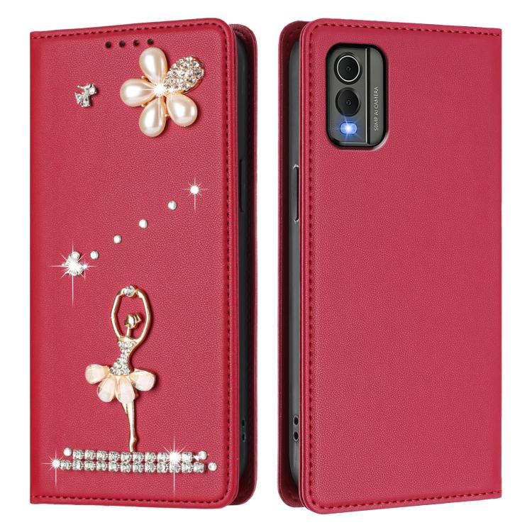 For Nokia C32 Ballet Girl Diamond Studded RFID Vegan Leather Phone Case