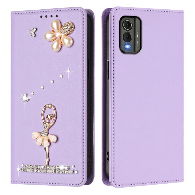 For Nokia C32 Ballet Girl Diamond Studded RFID Vegan Leather Phone Case