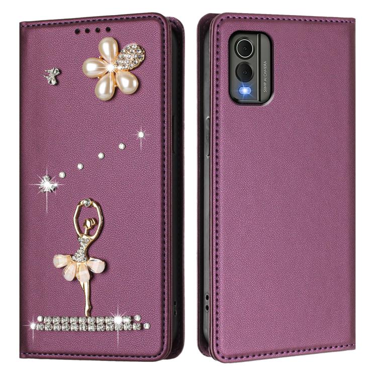 For Nokia C32 Ballet Girl Diamond Studded RFID Vegan Leather Phone Case