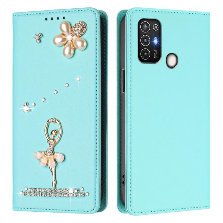 For ZTE Blade A52 Ballet Girl Diamond Studded RFID Vegan Leather Phone Case