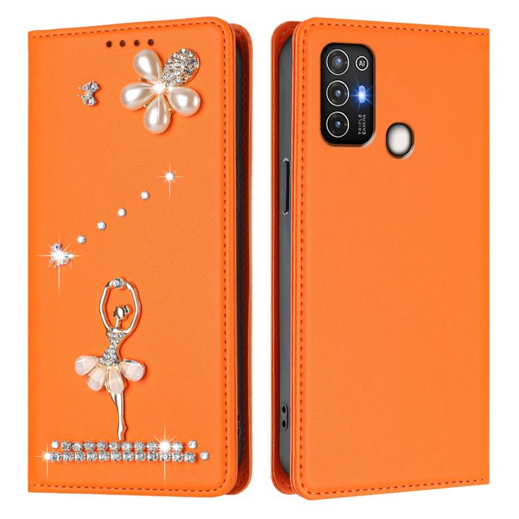 For ZTE Blade A52 Ballet Girl Diamond Studded RFID Vegan Leather Phone Case