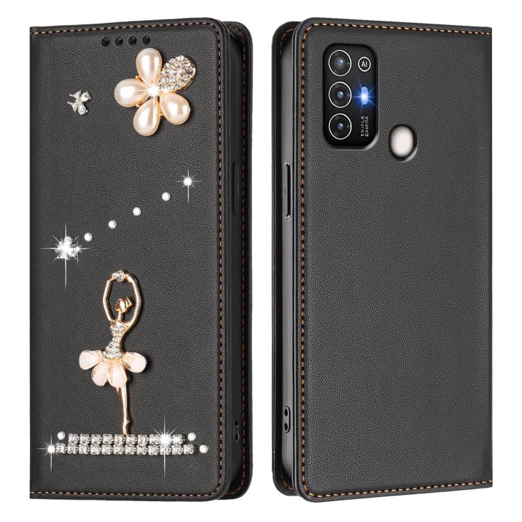 For ZTE Blade A52 Ballet Girl Diamond Studded RFID Vegan Leather Phone Case