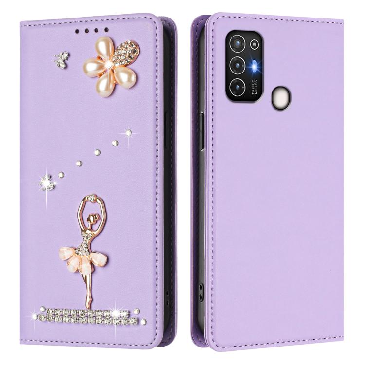 For ZTE Blade A52 Ballet Girl Diamond Studded RFID Vegan Leather Phone Case