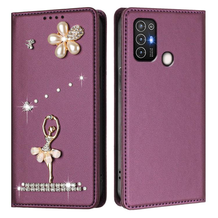For ZTE Blade A52 Ballet Girl Diamond Studded RFID Vegan Leather Phone Case