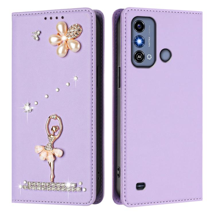 For ZTE Blade A53 / A53+ Ballet Girl Diamond Studded RFID Vegan Leather Phone Case