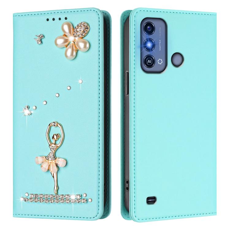 For ZTE Blade A53 Pro Ballet Girl Diamond Studded RFID Vegan Leather Phone Case