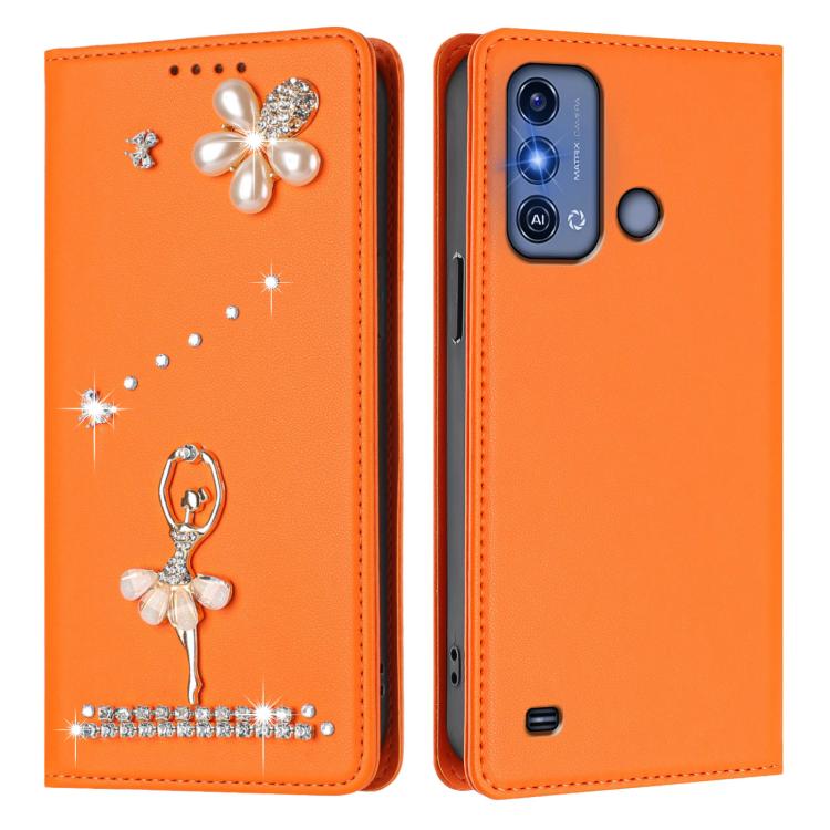 For ZTE Blade A53 Pro Ballet Girl Diamond Studded RFID Vegan Leather Phone Case