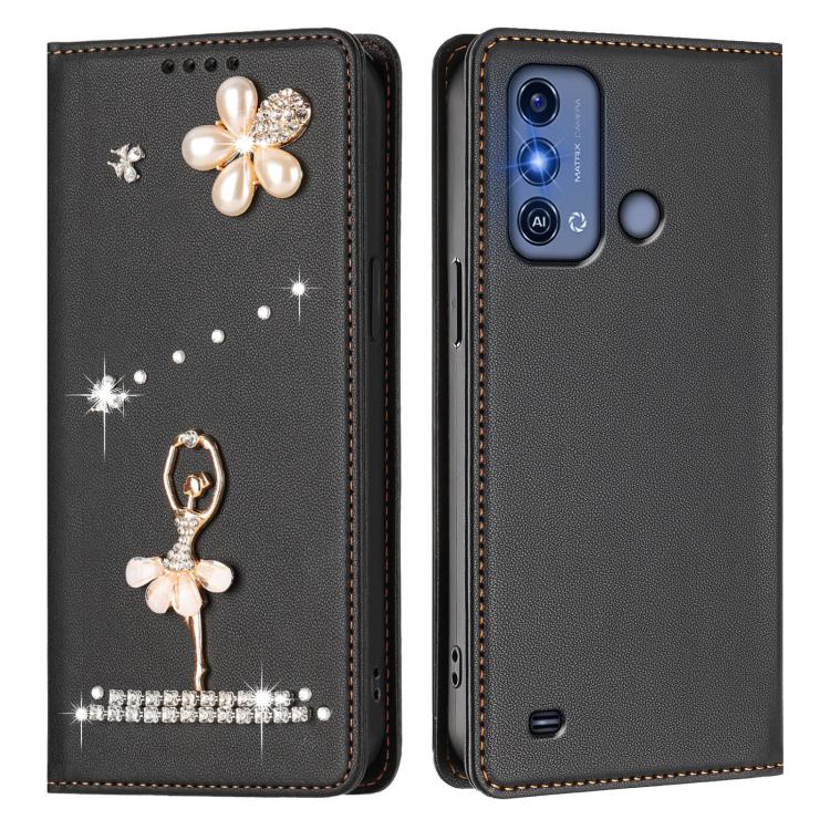 For ZTE Blade A53 Pro Ballet Girl Diamond Studded RFID Vegan Leather Phone Case