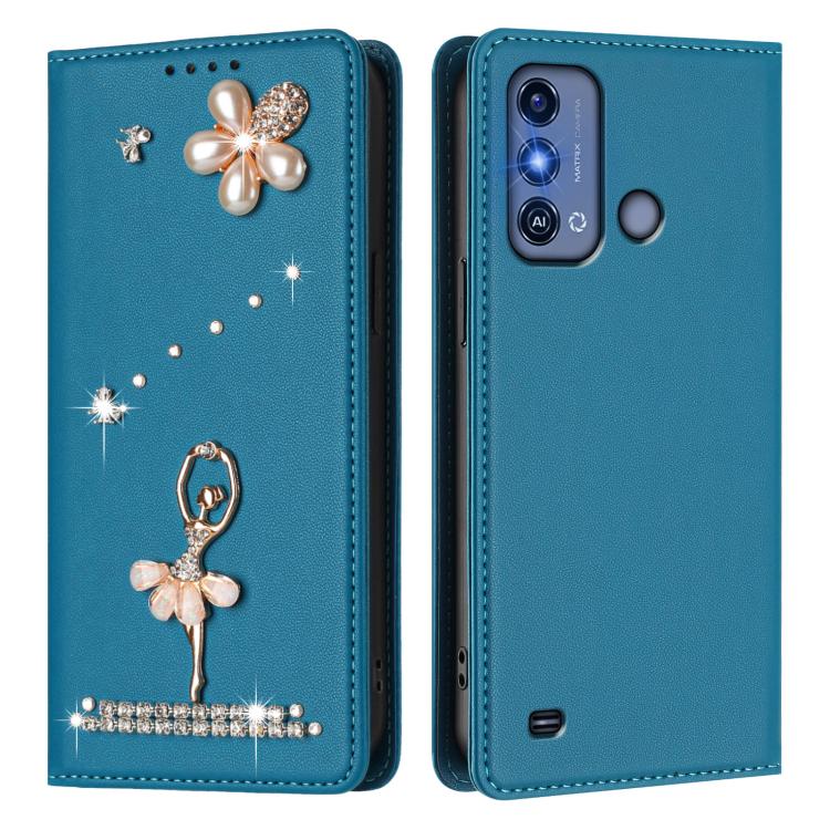 For ZTE Blade A53 Pro Ballet Girl Diamond Studded RFID Vegan Leather Phone Case