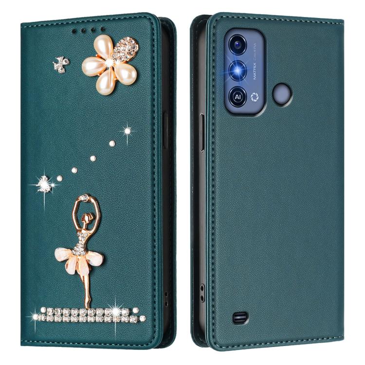 For ZTE Blade A53 Pro Ballet Girl Diamond Studded RFID Vegan Leather Phone Case