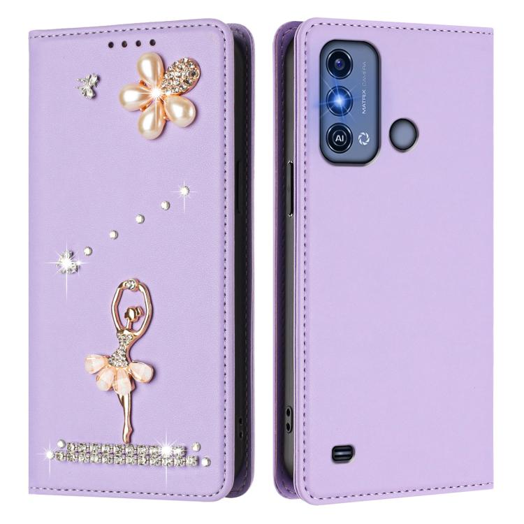 For ZTE Blade A53 Pro Ballet Girl Diamond Studded RFID Vegan Leather Phone Case