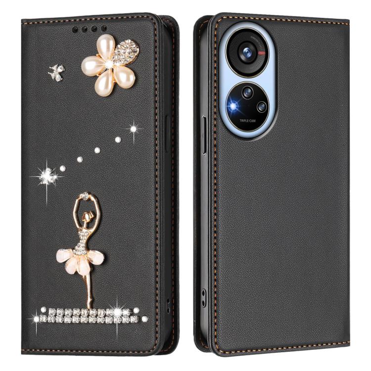 For ZTE Blade V40s Ballet Girl Diamond Studded RFID Vegan Leather Phone Case