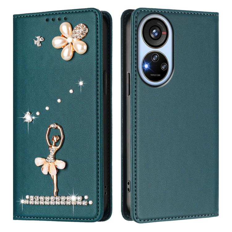 For ZTE Blade V40s Ballet Girl Diamond Studded RFID Vegan Leather Phone Case