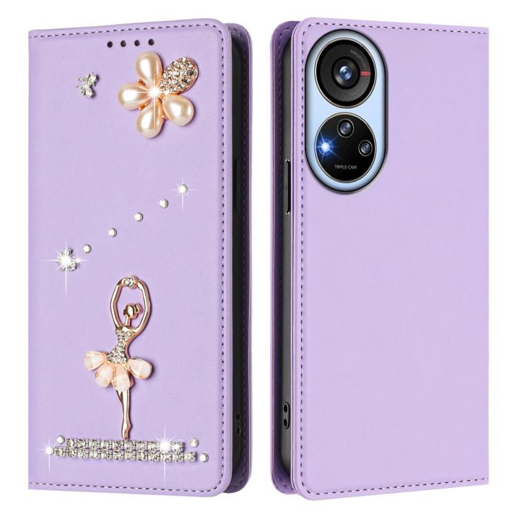 For ZTE Blade V40s Ballet Girl Diamond Studded RFID Vegan Leather Phone Case