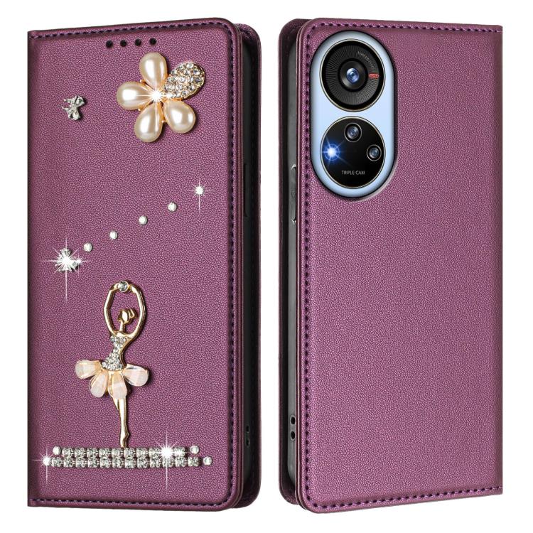 For ZTE Blade V40s Ballet Girl Diamond Studded RFID Vegan Leather Phone Case