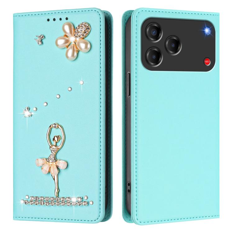For ZTE Blade V80 Design Ballet Girl Diamond Studded RFID Vegan Leather Phone Case