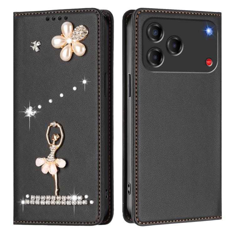 For ZTE Blade V80 Design Ballet Girl Diamond Studded RFID Vegan Leather Phone Case