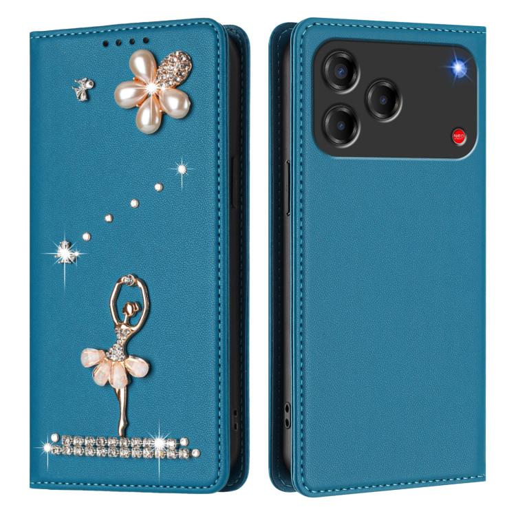 For ZTE Blade V80 Design Ballet Girl Diamond Studded RFID Vegan Leather Phone Case