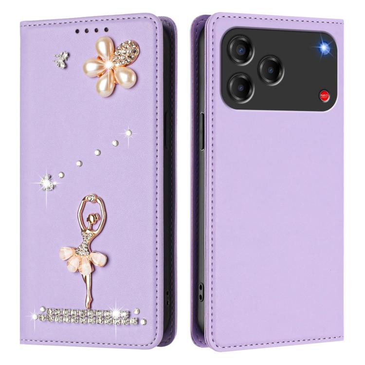 For ZTE Blade V80 Design Ballet Girl Diamond Studded RFID Vegan Leather Phone Case