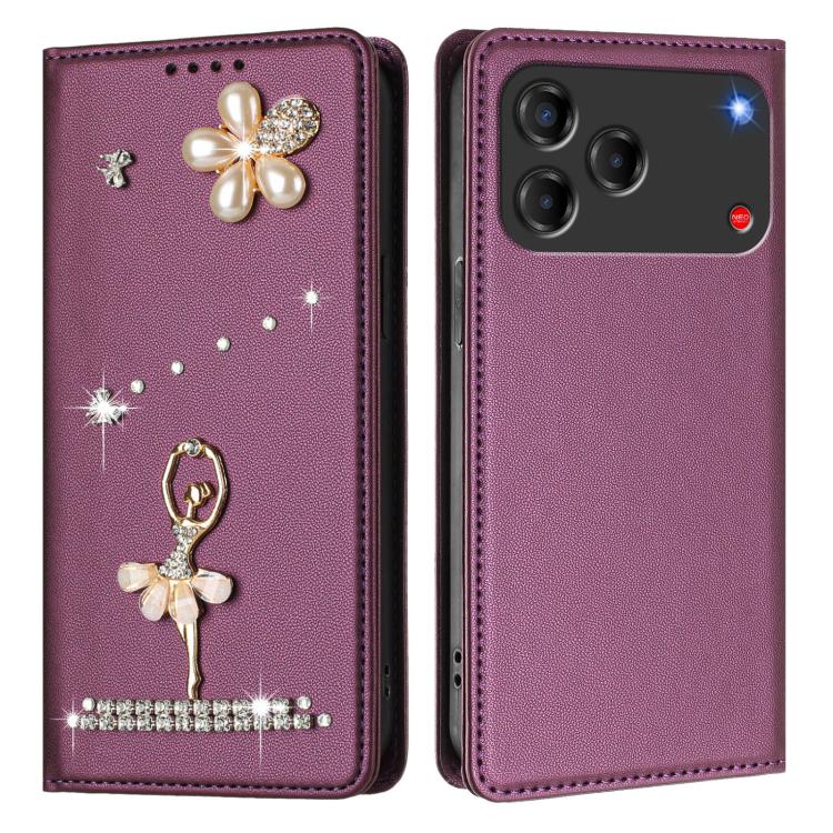For ZTE Blade V80 Design Ballet Girl Diamond Studded RFID Vegan Leather Phone Case