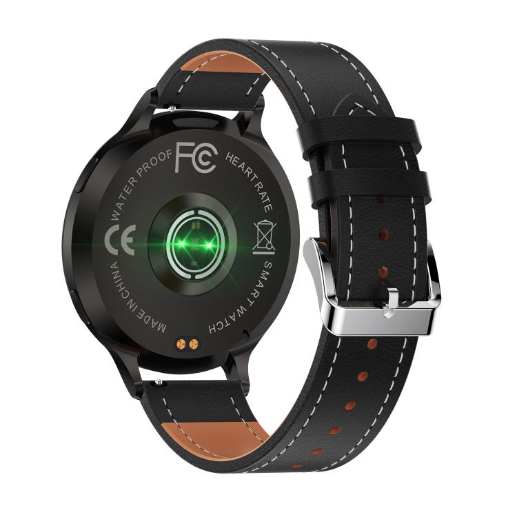 QS07 1.75 inch AMOLED Round Screen Smart Watch, Black Leather Strap, Support Health Monitoring