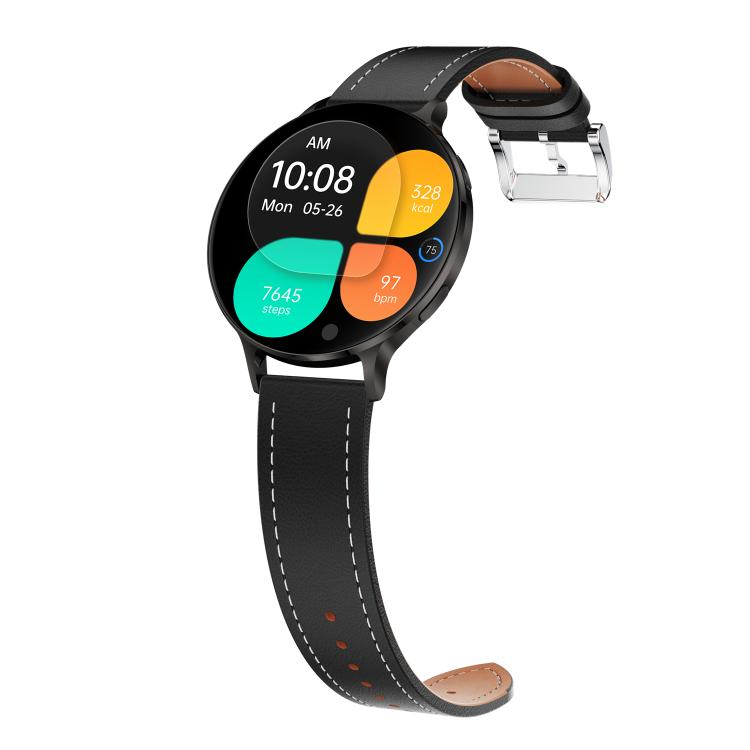QS07 1.75 inch AMOLED Round Screen Smart Watch, Black Leather Strap, Support Health Monitoring