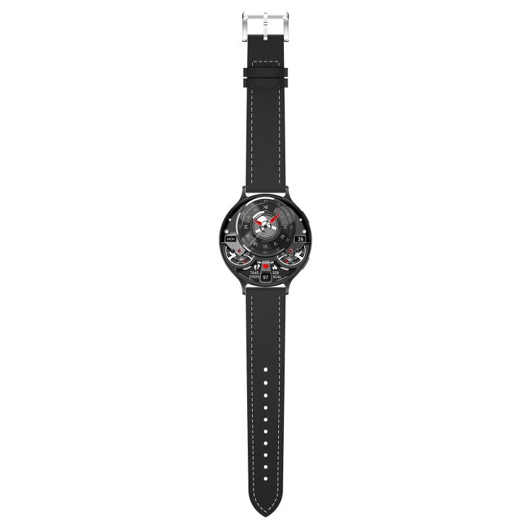 QS07 1.75 inch AMOLED Round Screen Smart Watch, Black Leather Strap, Support Health Monitoring