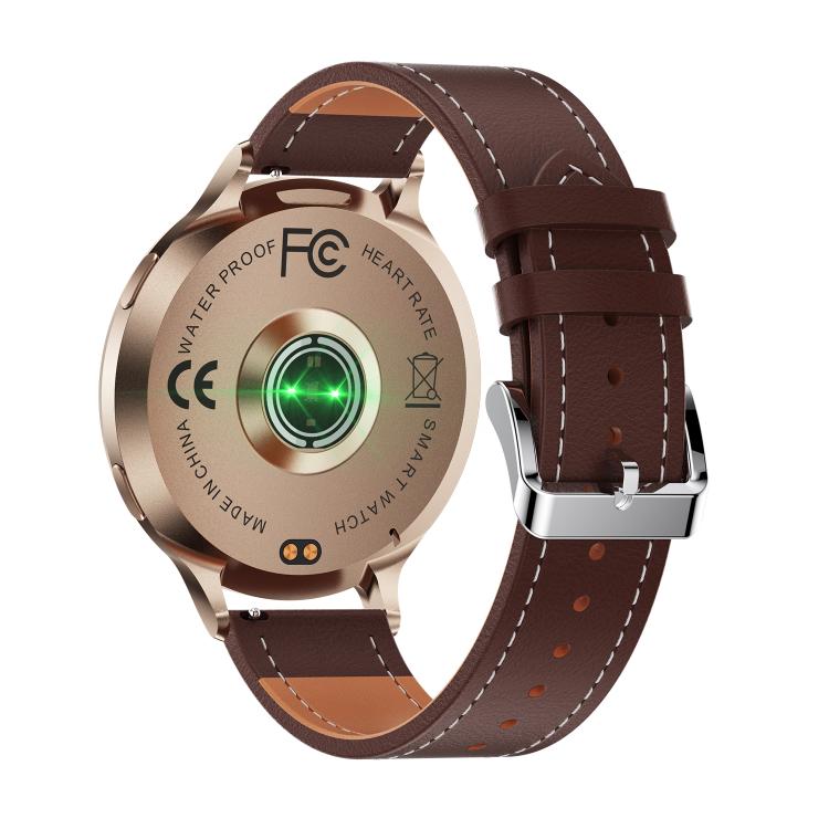 QS07 1.75 inch AMOLED Round Screen Smart Watch, Gold Leather Strap, Support Health Monitoring