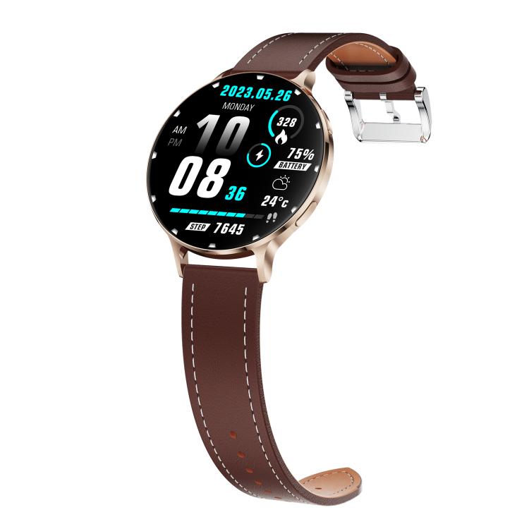QS07 1.75 inch AMOLED Round Screen Smart Watch, Gold Leather Strap, Support Health Monitoring