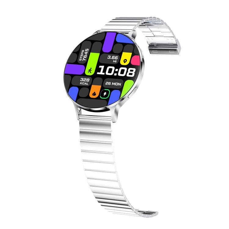 QS07 1.75 inch AMOLED Round Screen Smart Watch, Silver Bamboo Strap, Support Health Monitoring