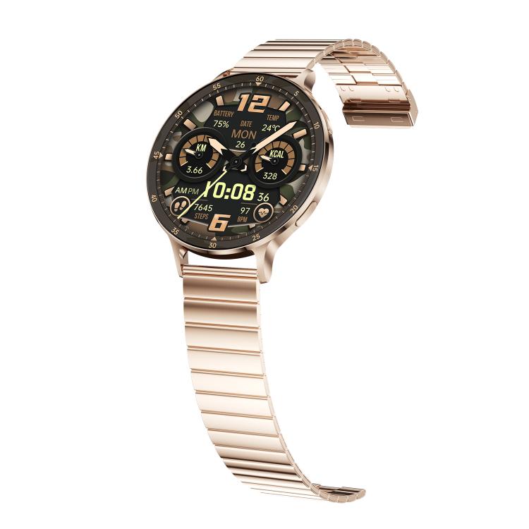 QS07 1.75 inch AMOLED Round Screen Smart Watch, Gold Bamboo Strap, Support Health Monitoring