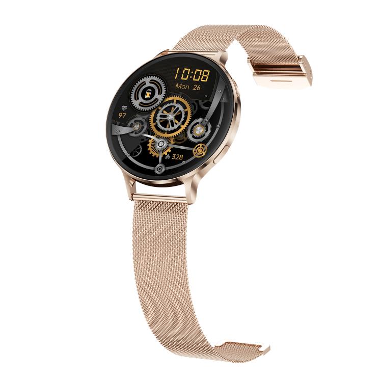 QS07 1.75 inch AMOLED Round Screen Smart Watch, Gold Steel Strap, Support Health Monitoring