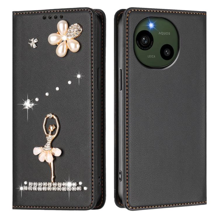 For Sharp Aquos R9 SH-51E Ballet Girl Diamond Studded RFID Vegan Leather Phone Case