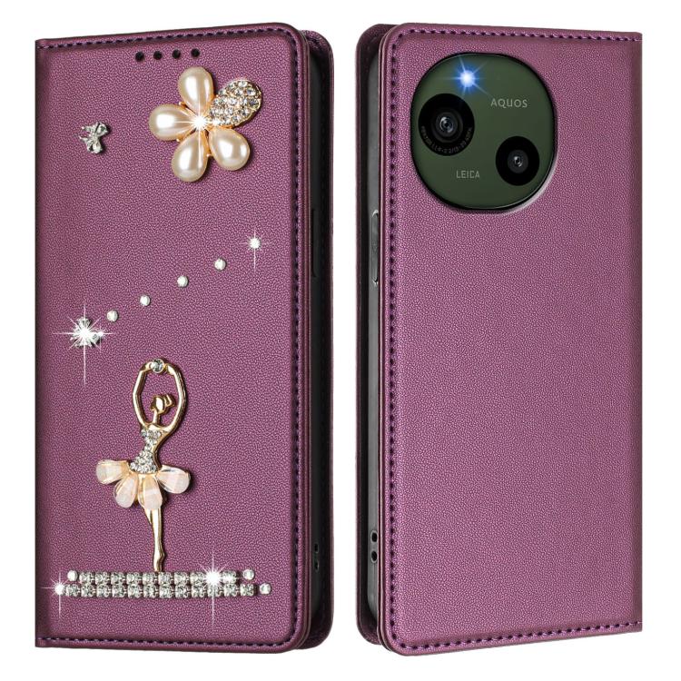 For Sharp Aquos R9 SH-51E Ballet Girl Diamond Studded RFID Vegan Leather Phone Case