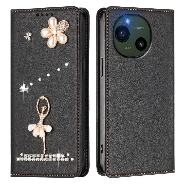 For Sharp Aquos R10 Ballet Girl Diamond Studded RFID Vegan Leather Phone Case