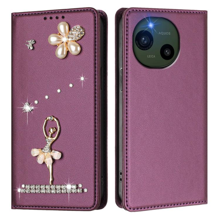 For Sharp Aquos R10 Ballet Girl Diamond Studded RFID Vegan Leather Phone Case
