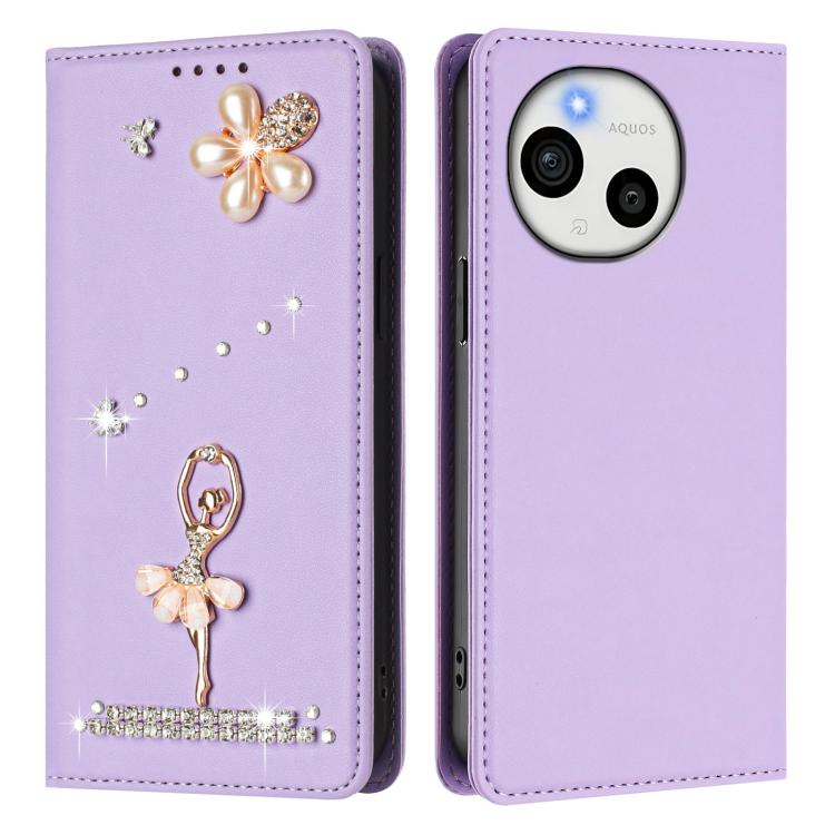 For Sharp Aquos Sense9 Plus Ballet Girl Diamond Studded RFID Vegan Leather Phone Case