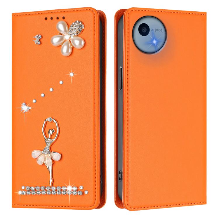 For Sharp Aquos wish5 Ballet Girl Diamond Studded RFID Vegan Leather Phone Case