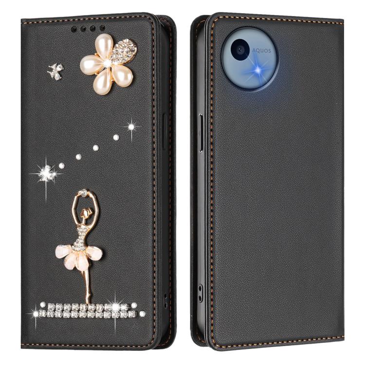 For Sharp Aquos wish5 Ballet Girl Diamond Studded RFID Vegan Leather Phone Case