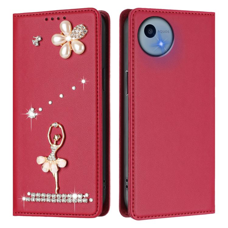 For Sharp Aquos wish5 Ballet Girl Diamond Studded RFID Vegan Leather Phone Case