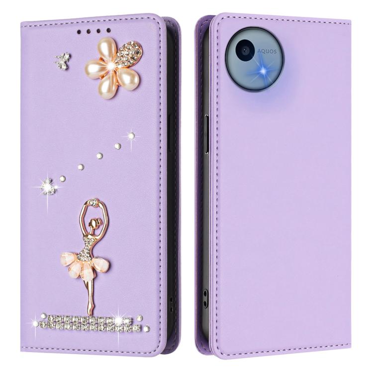 For Sharp Aquos wish5 Ballet Girl Diamond Studded RFID Vegan Leather Phone Case