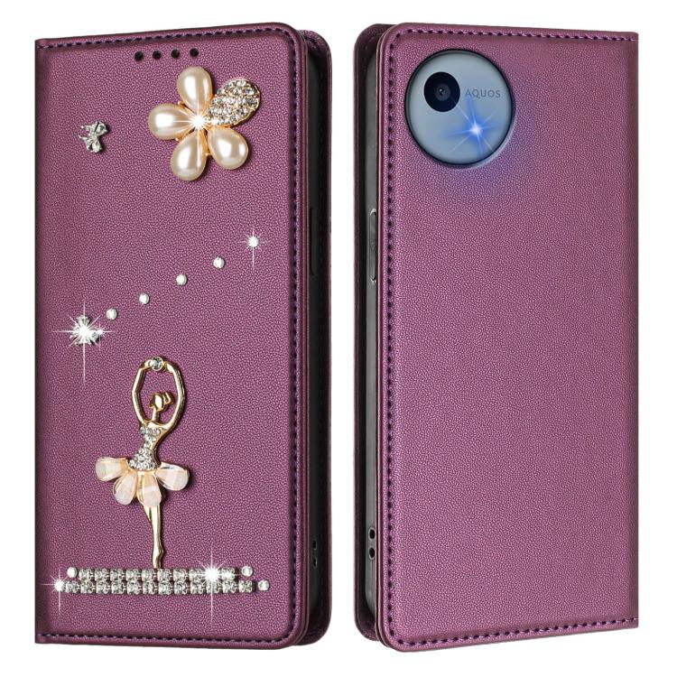 For Sharp Aquos wish5 Ballet Girl Diamond Studded RFID Vegan Leather Phone Case