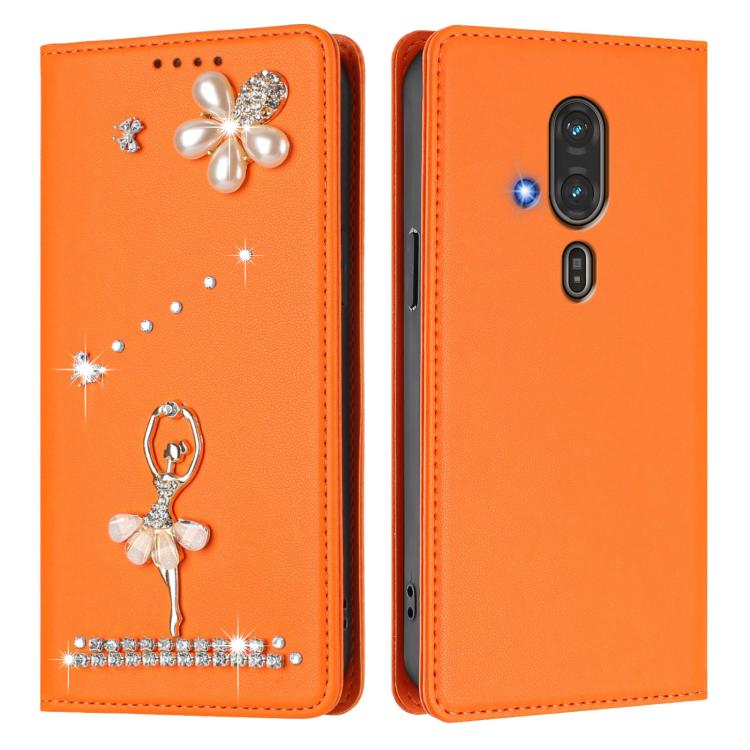 For Fujitsu RakuRaku F-53E Ballet Girl Diamond Studded RFID Vegan Leather Phone Case