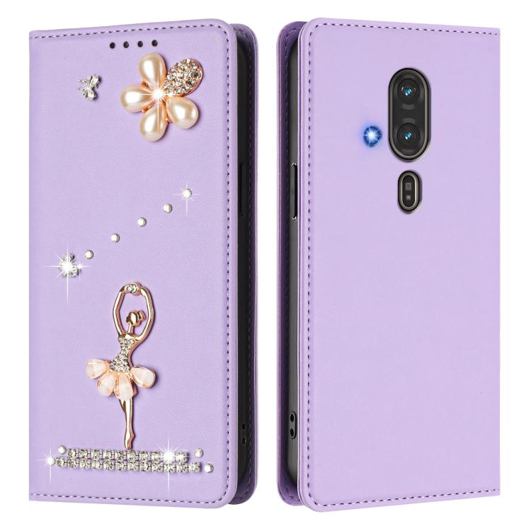 For Fujitsu RakuRaku F-53E Ballet Girl Diamond Studded RFID Vegan Leather Phone Case
