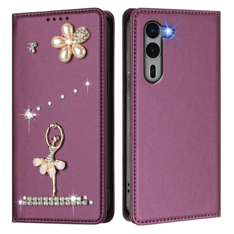 For Fujitsu Arrows We2 Plus F-51E Ballet Girl Diamond Studded RFID Vegan Leather Phone Case