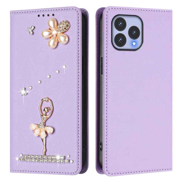 For Wiko T60 / Cubot P80 Ballet Girl Diamond Studded RFID Vegan Leather Phone Case
