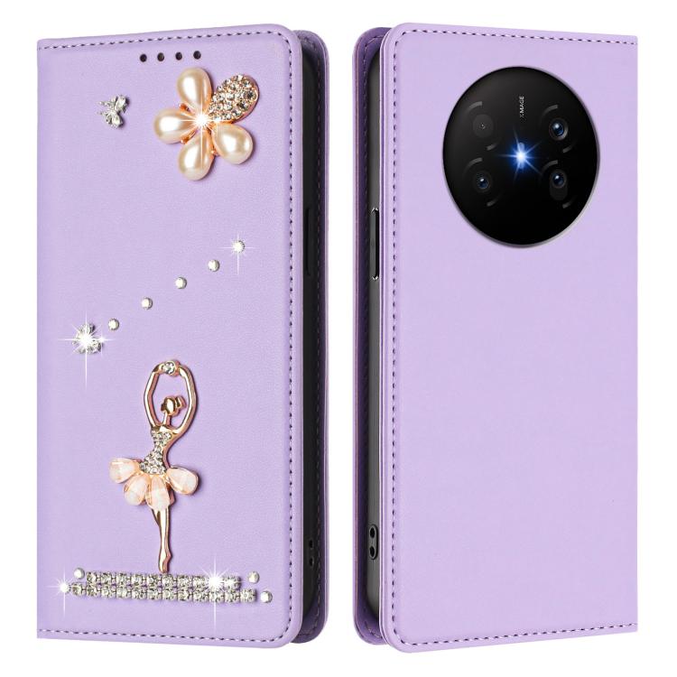 For Huawei Mate 70 Air Ballet Girl Diamond Studded RFID Vegan Leather Phone Case
