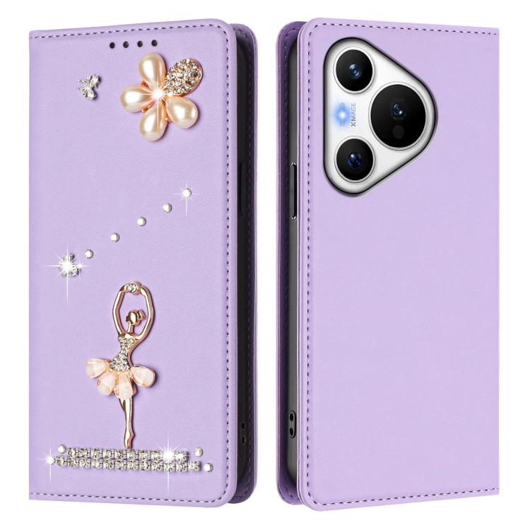 For Huawei Pura 70 Ballet Girl Diamond Studded RFID Vegan Leather Phone Case